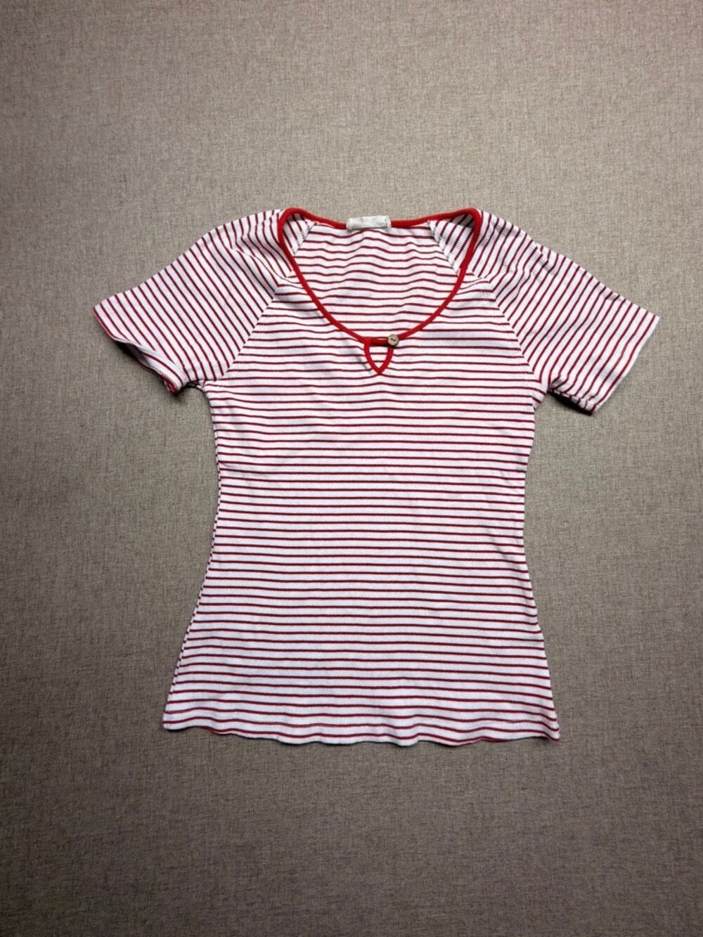 Doe & Rae Medium Red White Striped Cutout Keyhole Ribbed Baby Tee